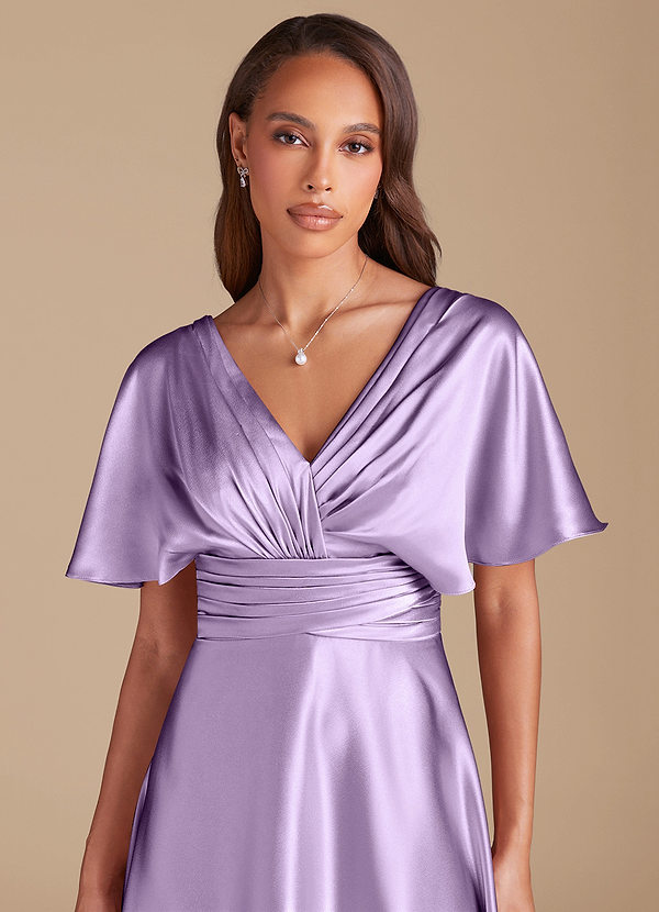 Azazie Pamela Vestidos Dama de Honor Vestido de Lila de Satén Metálico de Corte en A con Plisado image1