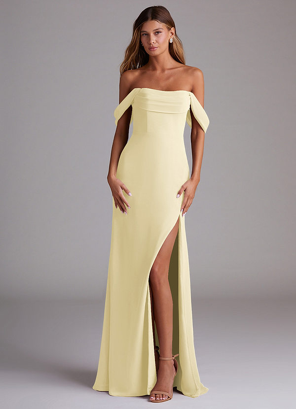 Azazie Saige Bridesmaid Dresses Lemon Sorbet A-Line Off the Shoulder Chiffon Convertible Dress image1