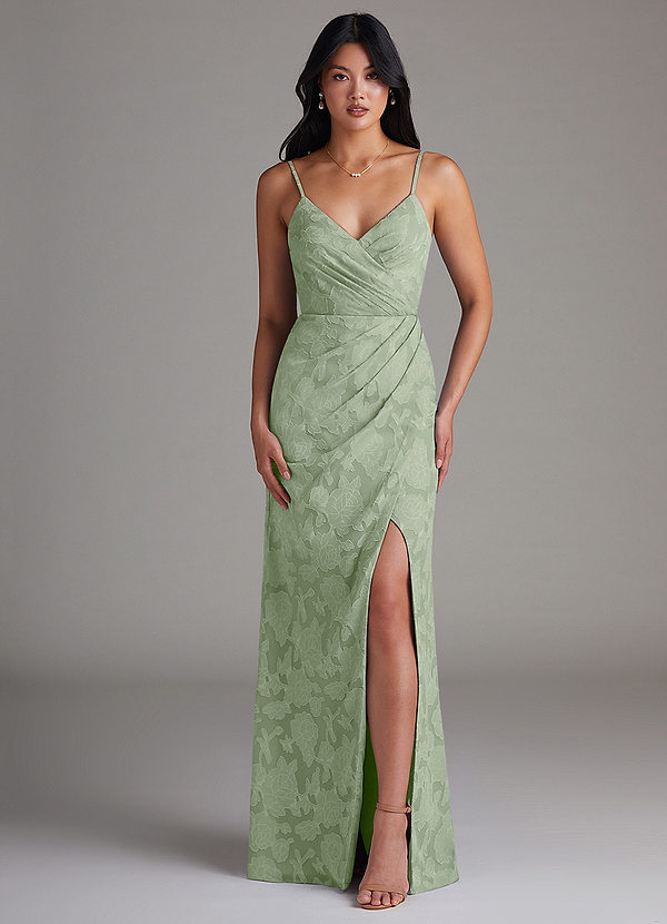 Azazie Maci Bridesmaid Dresses Dusty Sage Sheath Pleated Floral Burnout Dress image1