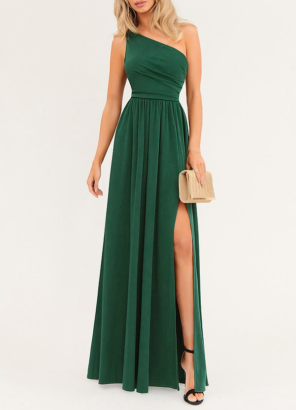 front On The Guest List Dark Emerald One-Shoulder Maxi Dress