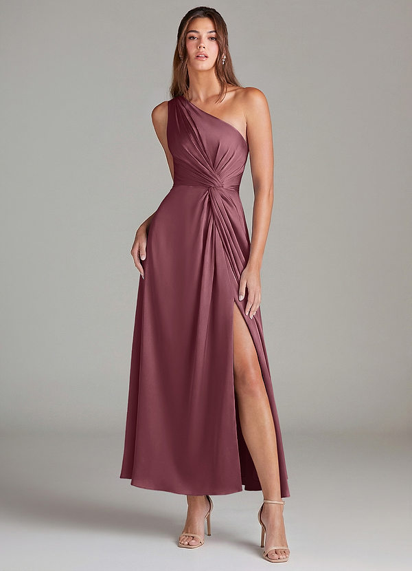 Azazie Brooke Robes de demoiselle d'honneur Robe Trapèze en Satin extensible Asymétrique Rose Du Désert image1