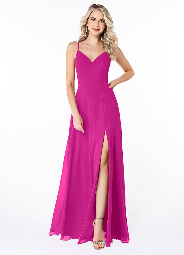Azazie Lena Bridesmaid Dresses Fuchsia A-Line Lace Chiffon Dress image1