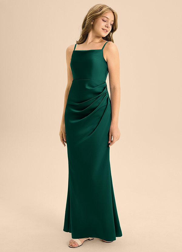 Azazie Renna Junior Emerald A-Line Pleated Stretch Satin Dress image1