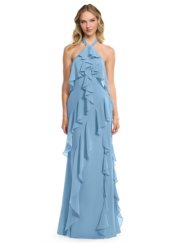 Azazie Velma Bridesmaid Dresses Steel Blue A-Line Side Slit Chiffon Dress image1