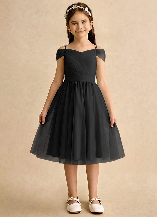 Azazie Lila Girls Formal Sukienki dla dziewczynek sypiących kwiaty Linia A Zza ramienia Tiul Długość do kolan Sukienka image1
