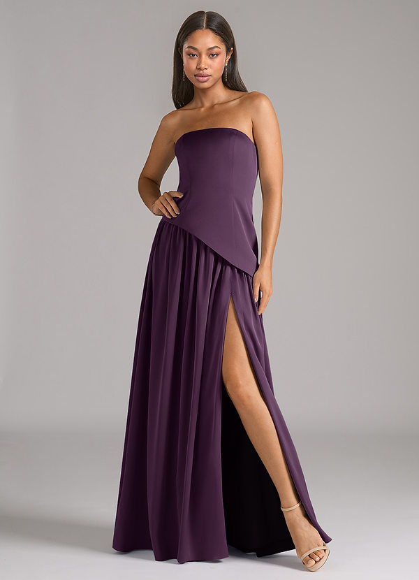 Azazie Adeline Robes Demoiselle d'honneur Robe Trapèze Convertible en Satin extensible Sans bretelle Prune image1