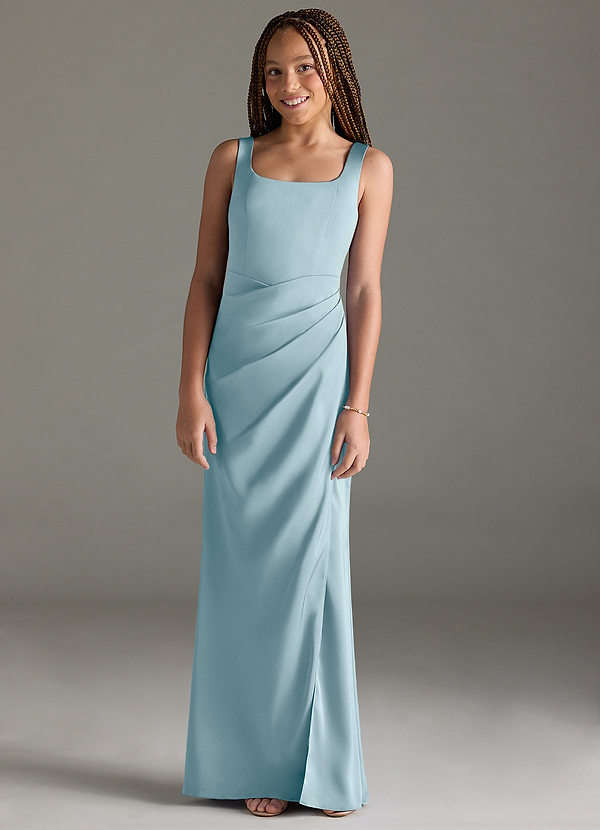 Azazie Mero Junior Moody Blue Mermaid Pleated Stretch Satin Dress image1