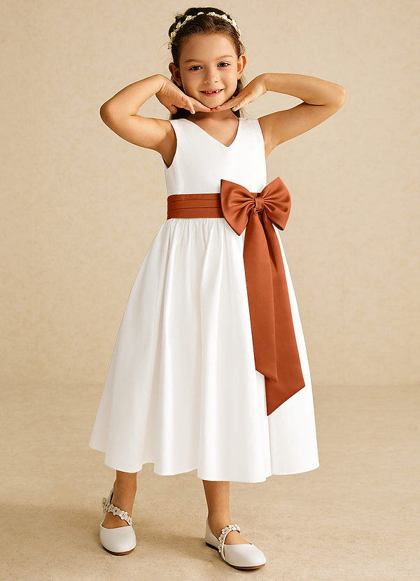 Azazie Darling Flower Girl Dresses Ivory Burnt Orange A-Line Bow Cotton Dress image1