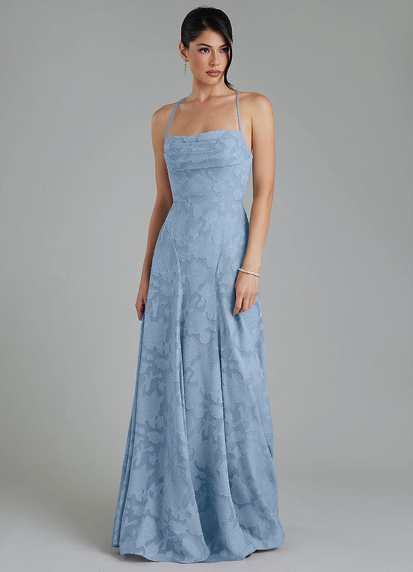 Azazie Tatum Robes de demoiselle d'honneur Robe Trapèze en Blumen-Burnout Corset Poudre Bleue image1
