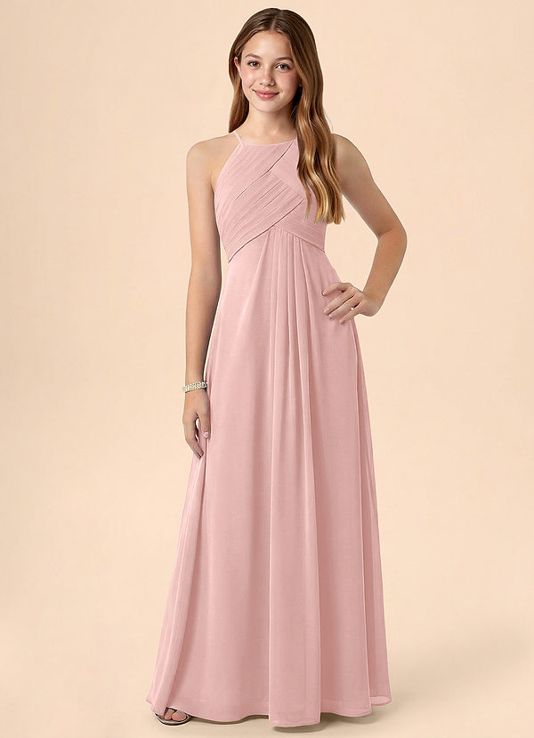 Azazie Ginny Junior Powder Pink A-Line Pleated Chiffon Dress image1