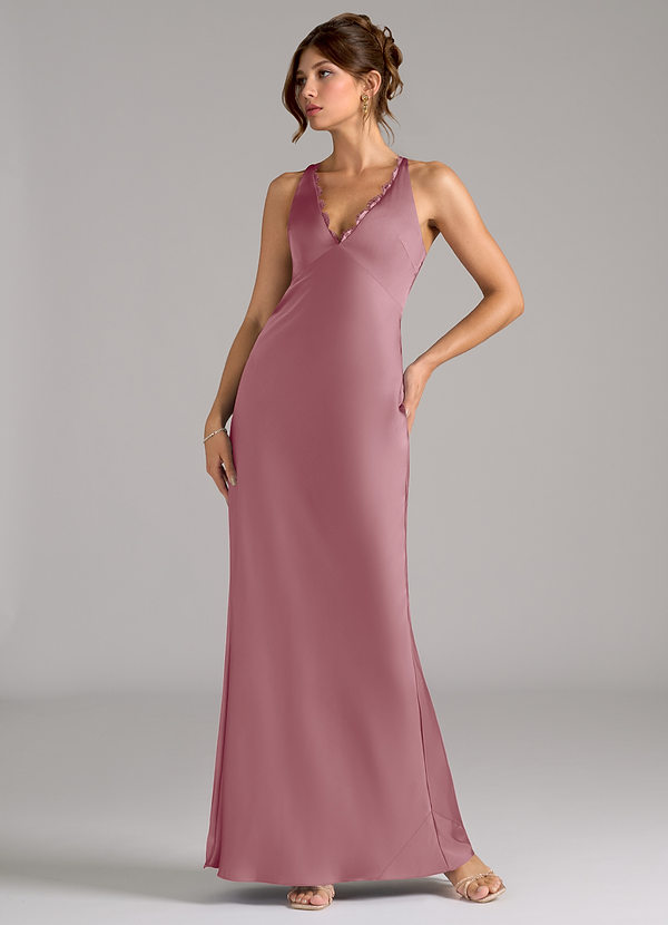 Azazie Tianna Bridesmaid Dresses Vintage Mauve Sheath Stretch Satin Dress image1