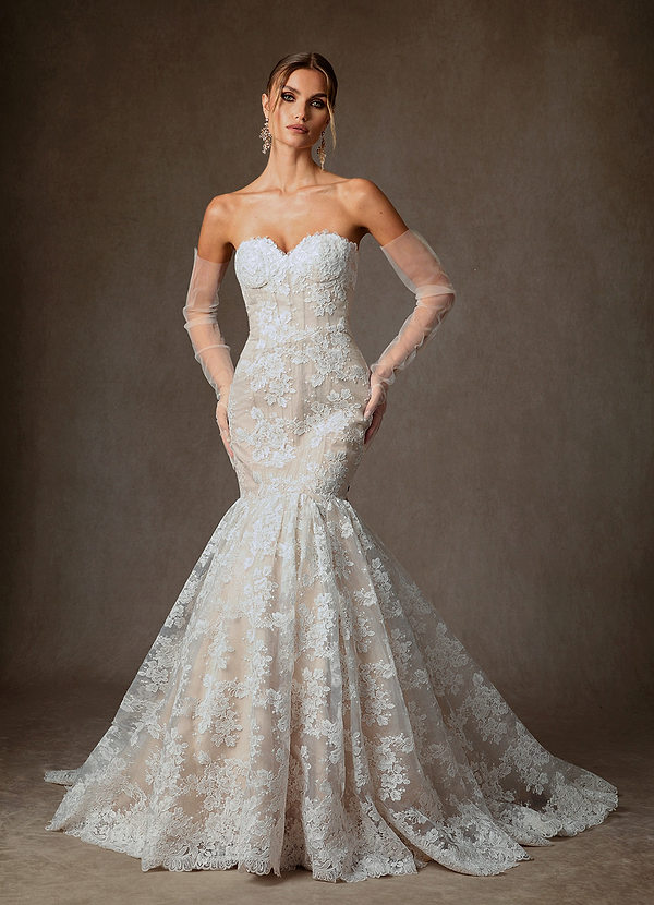 Diamond White Champagne Mermaid Strapless Lace Dress