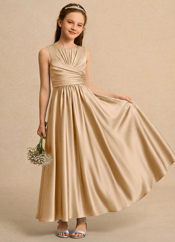 Azazie Ducky Girls Formal Sukienki dla dziewczynek sypiących kwiaty Linia A Pofałdowany Satyna elastyczna Długość kostki Sukienka image1