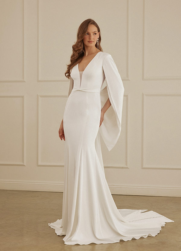 Christian Siriano Bridal for Azazie 2001 Wedding Dresses Plunging Cape Sleeve Crepe Back Satin Mermaid Gown image1