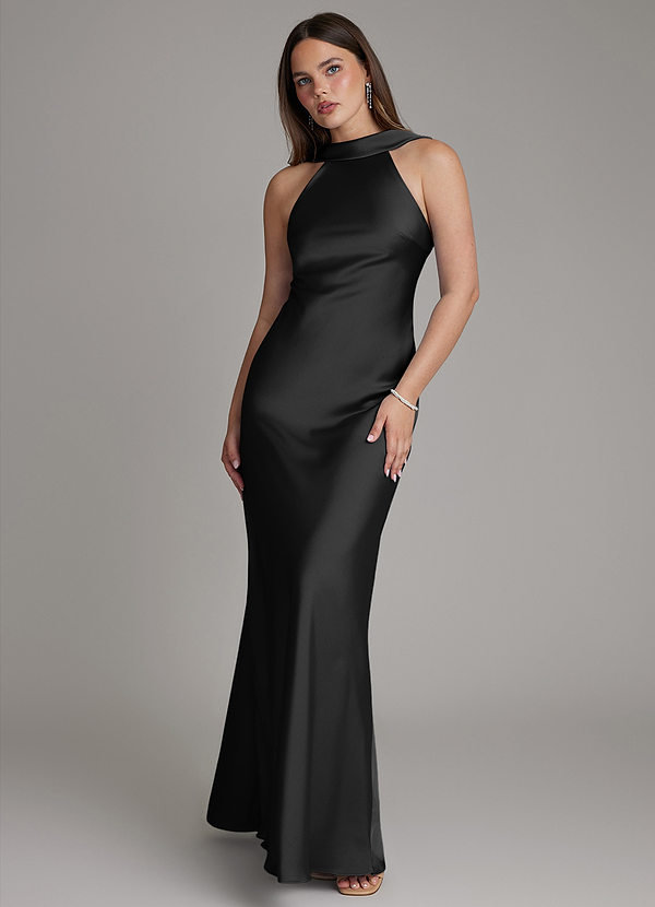 Azazie Dimitra Bridesmaid Dresses Black A-Line Pleated Stretch Satin Dress image1