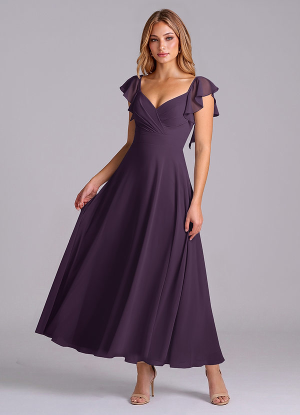 Azazie Leilani Bridesmaid Dresses Plum A-Line Ruched Chiffon Dress image1
