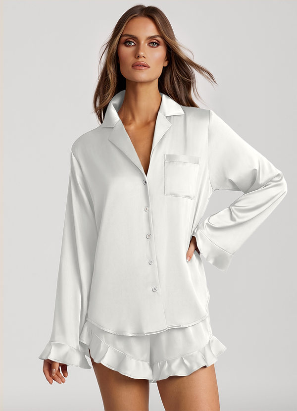 front Vit Pyjamasset med långa ärmar och volang i satin