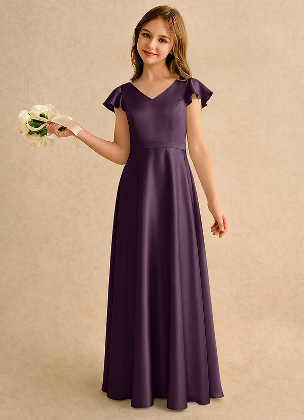 Azazie Nari Girls Formal Vestidos de Niña de Flores Vestido de Ciruela de Satén Elástico de Corte en A con Con mangas image1