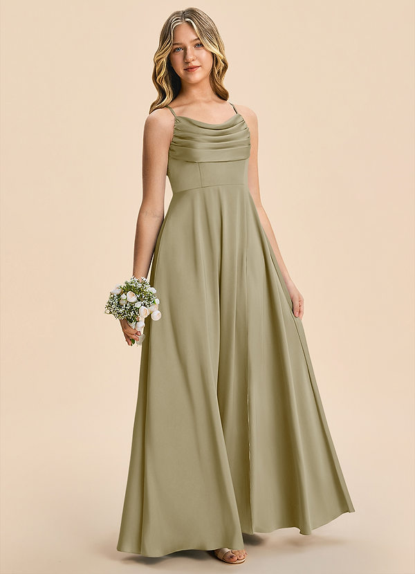 Azazie Gia Junior Robe Trapèze en Satin extensible Plissé Vert Mousse image1