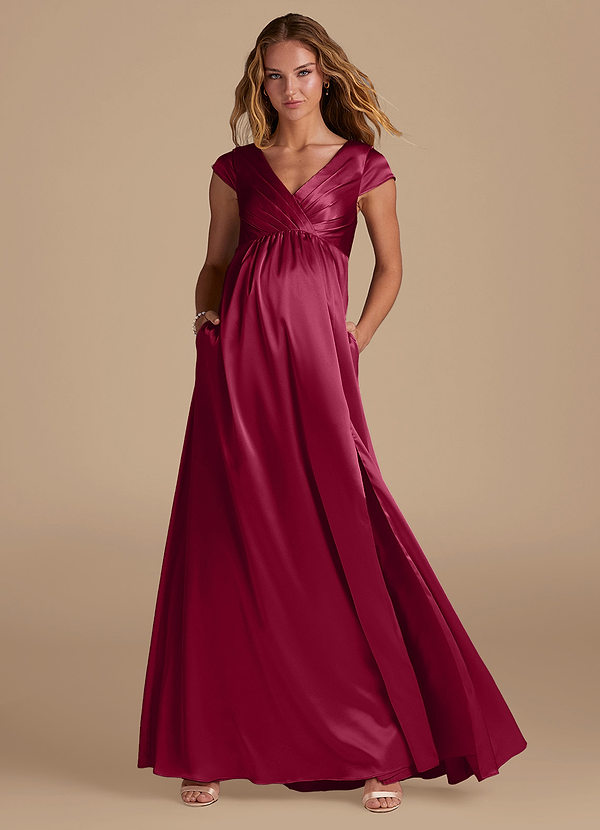Azazie Allessia Maternity Bridesmaid Dresses A-Line Metallic Satin Floor-Length Dress image1