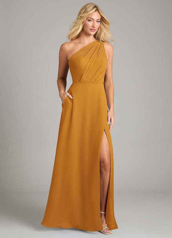Azazie Phaedra Bridesmaid Dresses Butterscotch A-Line One Shoulder Chiffon Dress image1