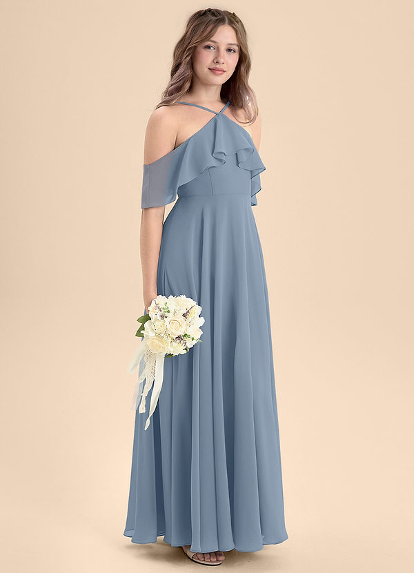 Azazie Tessabelle Junior Vestido de Azul Polvoriento de Gasa de Corte en A con Vestidos sin tirantes image1