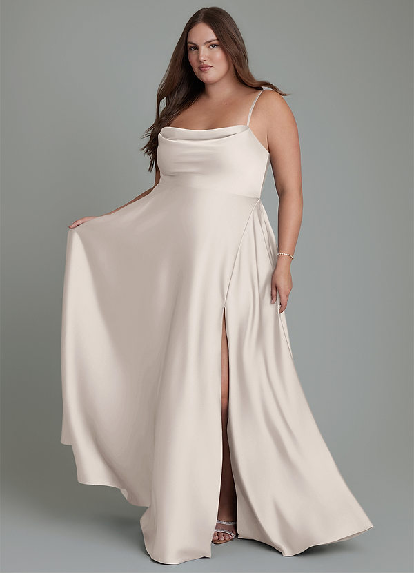 Azazie Elle Bridesmaid Dresses White Alabaster A-Line Pleated Stretch Satin Dress image1