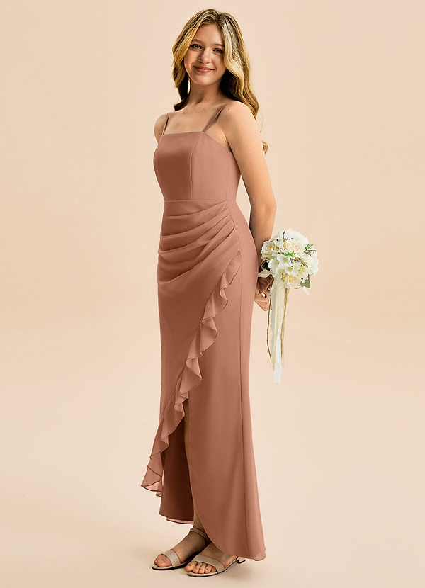 Azazie Buzzy Junior Bronzer Sheath Pleated Chiffon Dress image1