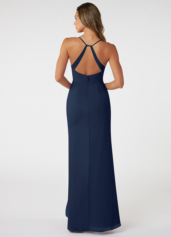 Notch Neck Chiffon Simple Floor Length Dress Dark Navy