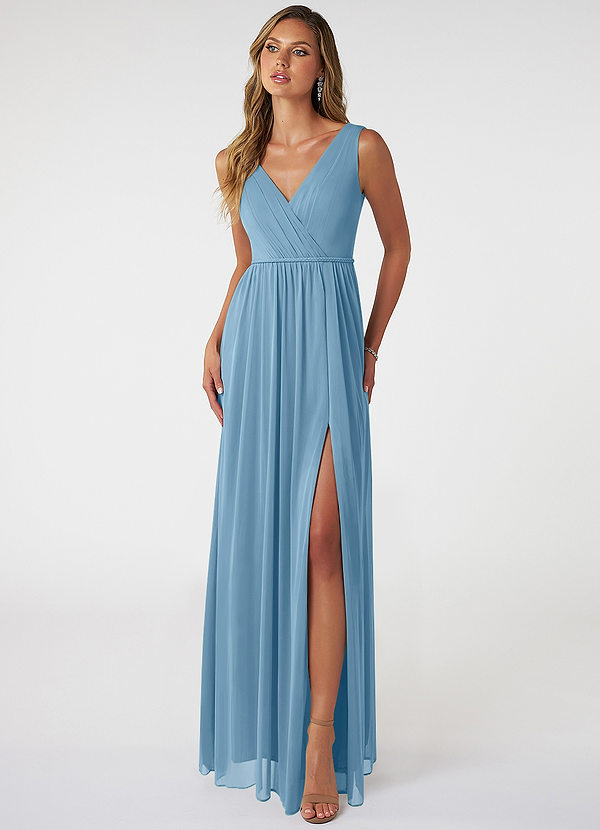 Azazie Tanicia Bridesmaid Dresses Robe Trapèze en Maille Col V plissé Acier Bleuté image1