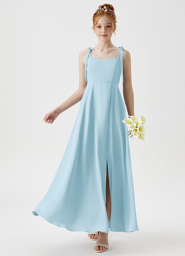 Azazie Rosey Junior Robe Trapèze en Satin extensible Encolure en Forme de Cœur Bleu Ciel image1