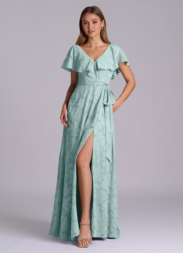 Azazie Lainey Bridesmaid Dresses Mist A-Line with Pockets Floral Burnout Dress image1