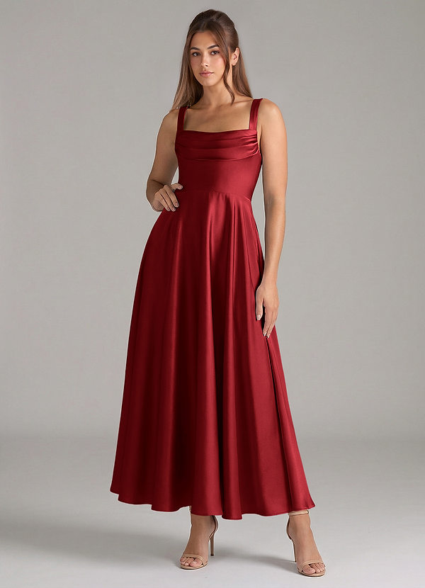 Azazie Shaude Bridesmaid Dresses Scarlet A-Line Pleated Stretch Satin Dress image1
