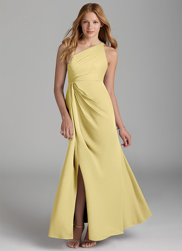 Azazie Mika Junior Robe Trapèze en Satin extensible Plissée Sorbet Citron image1