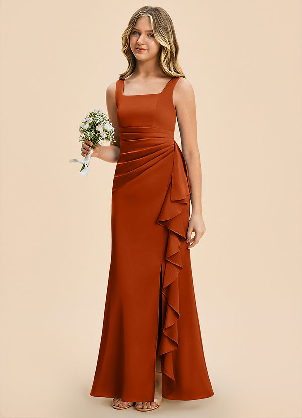 Azazie Adrienne Junior Burnt Orange Sheath Pleated Stretch Satin Dress image1