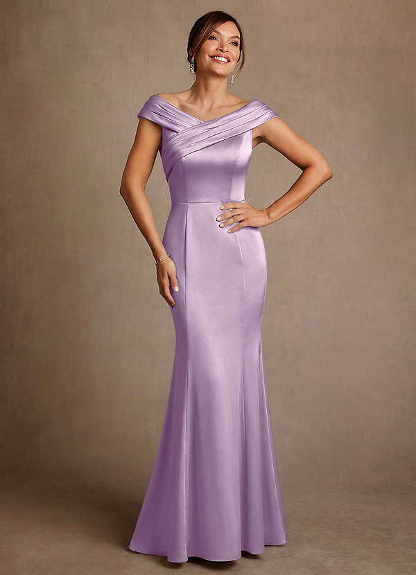 Azazie Aberdeen Vestidos de Madre de la Novia Vestido de Lila Esmerilada de Satén Elástico de Corte Recto con Plisado image1