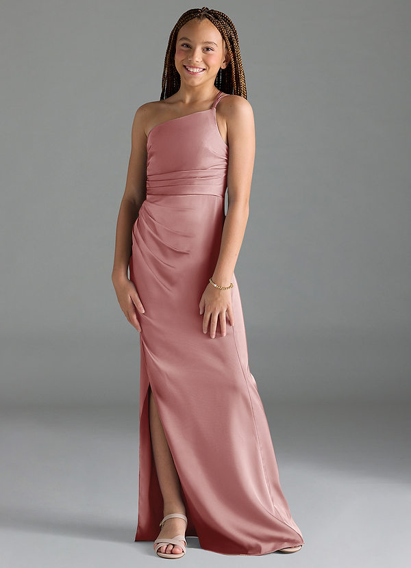 Azazie Eren Junior Dusty Rose Sheath Pleated Stretch Satin Dress image1
