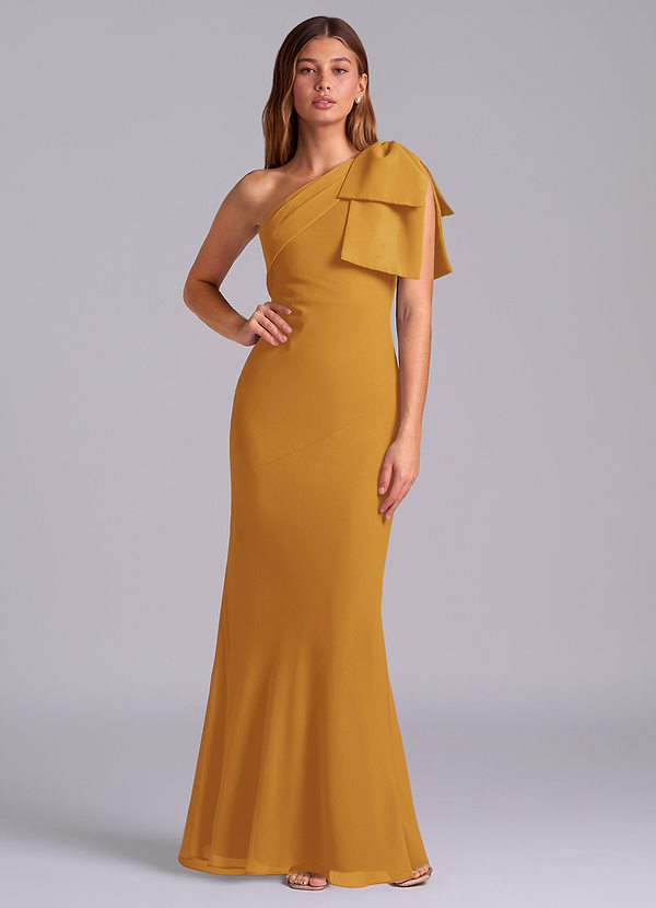 Azazie Yuanna Bridesmaid Dresses Butterscotch Mermaid One Shoulder Chiffon Dress image1