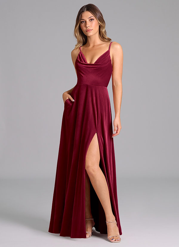 Azazie Sarella Brautjungfernkleider A-Linie Plissee Samt Kleid Burgunderrot image1