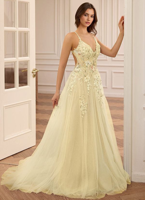 Vivienne Yellow Halter V-neck A-line Sequin Embroidery with Beading Prom Dress image1