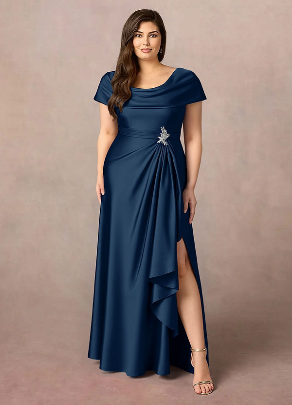 Azazie Branford Mother of the Brides Dresses Dark Navy A-Line Pleated Stretch Satin Dress image1