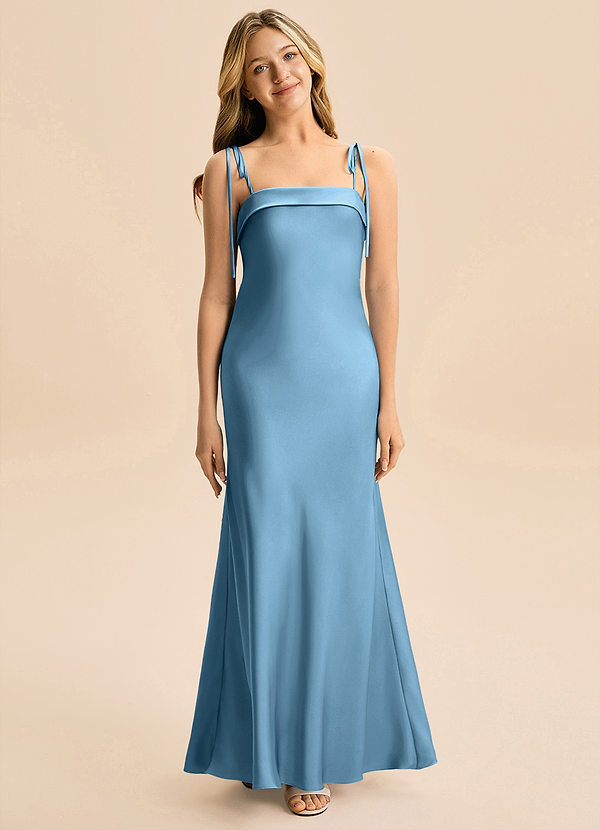 Azazie Willa Junior Vestido Azul Acero de Satén Elástico de Corte Sirena con Lazo image1