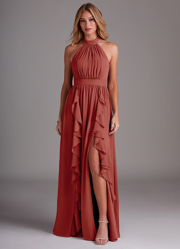 Azazie Avary Robes Demoiselle d'honneur Robe Trapèze en Mousseline de soie Plissée Terracotta image1
