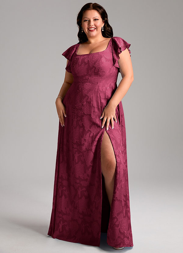 Azazie Bondi Bridesmaid Dresses Burgundy A-Line Side Slit Floral Burnout Dress image1