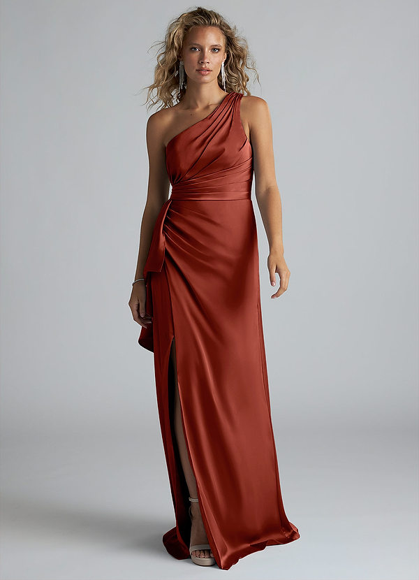 Azazie Maive Bridesmaid Dresses Terracotta Sheath Ruched Stretch Satin Dress image1