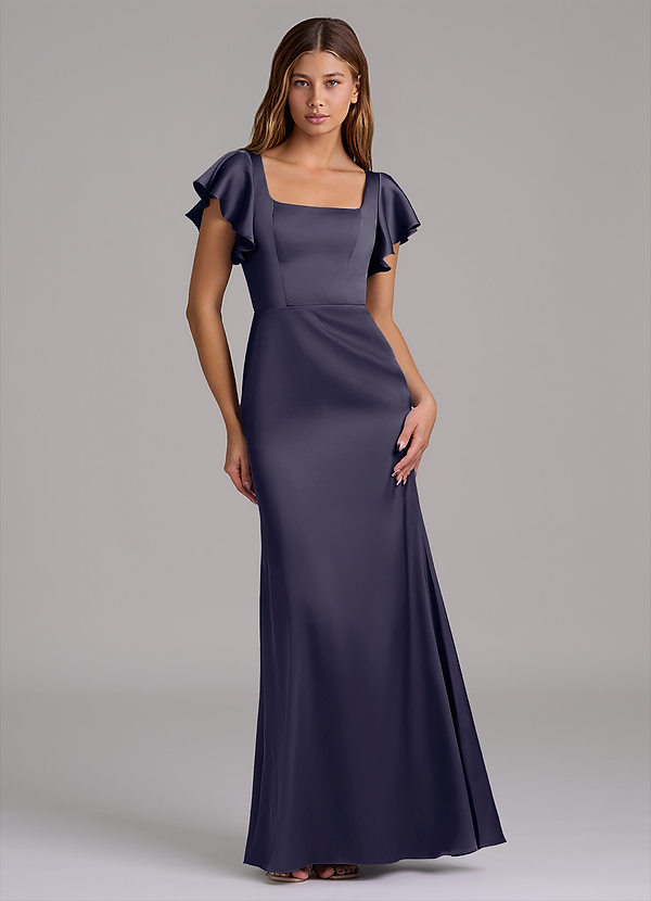 Azazie Elkie 신부 들러리 드레스 인어 스퀘어 네크라인 스트레치 새틴 바닥 길이 드레스 image1