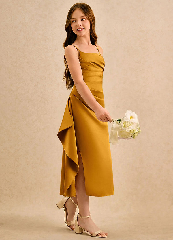 Azazie Canna Girls Formal Blomsterpigekjoler A-Line Plisseret Stræk satin Te-længde Kjole image1