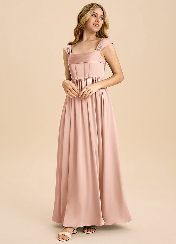 Azazie Hattie Junior Rose Gold A-Line Pleated Stretch Satin Dress image1