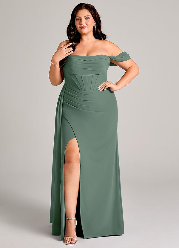 Azazie Amyra Abiti da Damigella Abito Convertibile Tubino in Chiffon a Spalla Scoperta Eucalipto image1