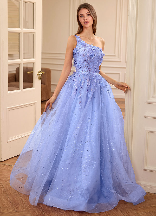 Felicite Azul Cielo Vestido de fiesta floral de tul con lentejuelas y un hombro con purpurina image1